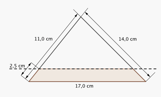 En stor trekant der grunnlinjen er 17,0 cm, mens sidene er 14,0 cm og 11,0 cm. Målt langs en av de skrå sidene er den stiplete linjen 2,5 cm fra grunnlinjen.